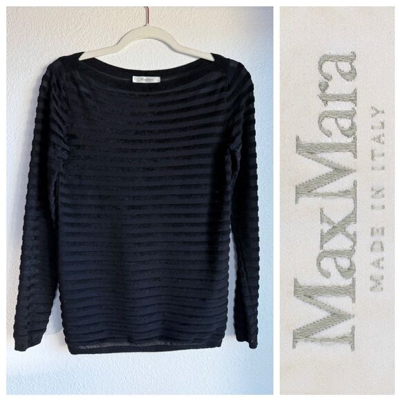 MaxMara Textured Flocked Semi Sheer Striped Long Sleeve Boatneck Black Knit Top - Picture 1 of 8